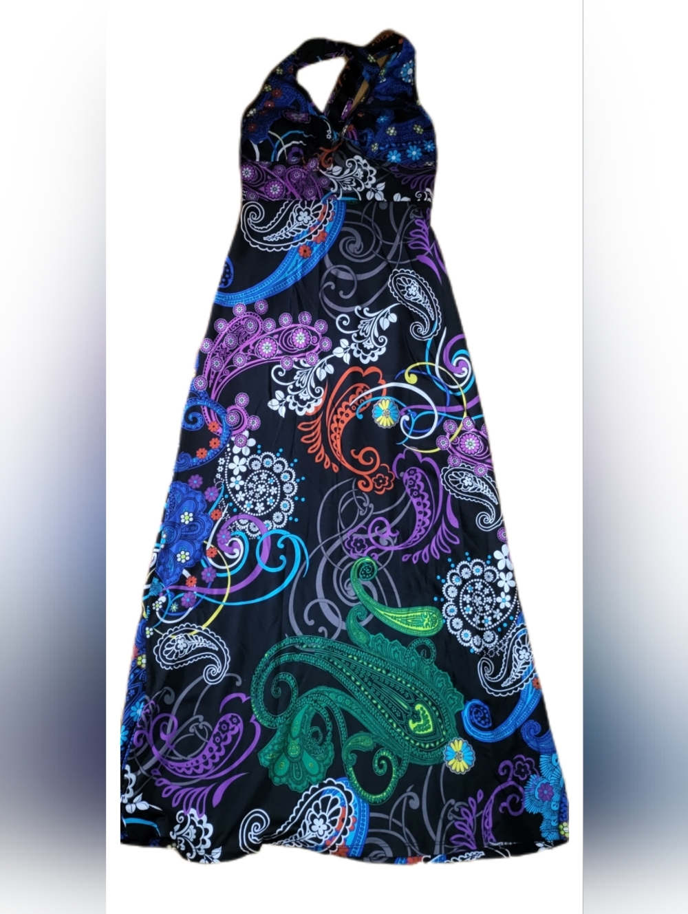 Alyn Paige New York halter-neck maxi dress with a bold multi-color paisley print